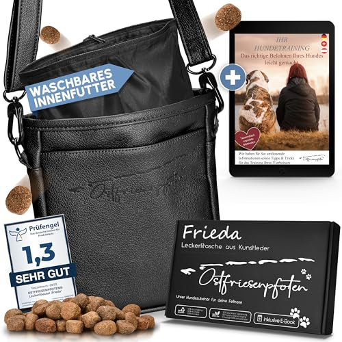 Ostfriesenpfoten® Leckerlitasche 'Frieda' für Hunde aus hochwertigem Kunstleder - Schwarz Größe M - Futterbeutel mit EasyOpen Einhandmagnetverschluss - Gassitasche für Hunde-Leckerli