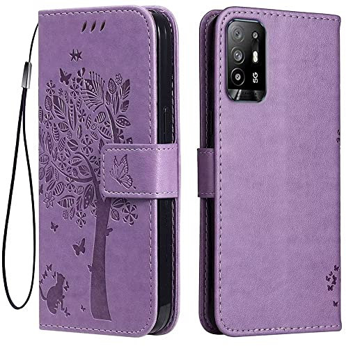 Topme Custodia in Pelle per OPPO A94 5G (6.43 Inches), [ Cover per Telefono in Stile Gatto e Albero] - Viola chiaro
