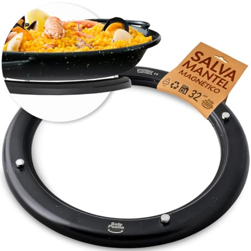 Safe Paella - Salvamanteles Individuales Negros Redondos de Hierro IMANTADO - Soporte Protector de Metal para Encimera, Mesa, Cocina, Sartenes, Ollas, Paellas - Rejilla Metálica, Lavable