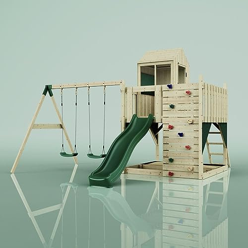 Rebo Spielturm mit Spielhaus aus Holz mit Acryglas | Outdoor Klettergerüst mit Kinder-Schaukel, Kletterwand und Wellenrutsche | Stabile Konstruktion, Weiches Gefühl in den Seilen
