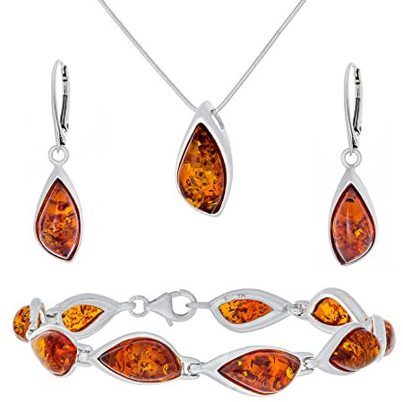AMBEDORA Women's Modern Amber Sterling Silver Jewellery Set, Cognac Baltic Amber, Silver Pendant with Adjustable Snake Chain Necklace and Earrings