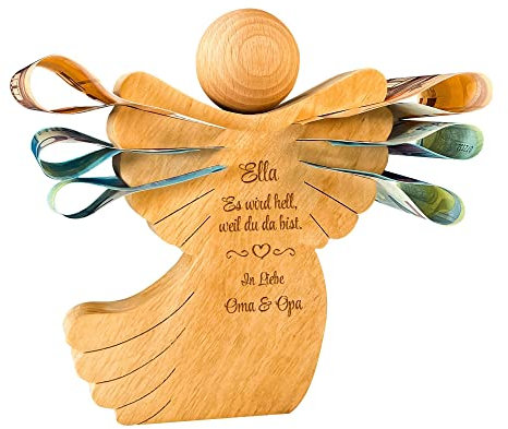 Engel Figur zur Geburt, Schutzengel mit Gravur, Personalisierte Holzengel Dekofigur, Babygeschenk für Mädchen und Jungen, Geldgeschenk, Holz Deko Engel, Geschenke zur Geburt, Holzfiguren Dekoration