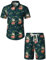 JOGAL Herren Hawaii Hemd Männer Flamingo Kurzarmhemd und Kurze Hose Set Strand Outfit Sommerhemd Für Mann Dunkelgrün X-Large