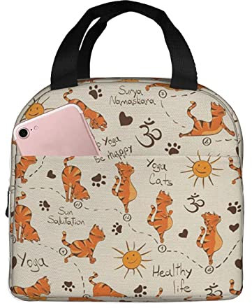 351 Lunchtasche Do Yoga Be Happy Theme Orange Cats Einkaufstasche Thermal Mädchen Kühltasche Faltbar Picknick-Handtasche, Für Arbeit, Einkau, Camping