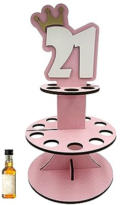 Lumber Reveal USA Mini Liquor Bottle Cake Display Shelf for 21st Birthday or Other Ages | Hand Assembled and Laser Cut | Happy Birthday and 21 Mini Liquor Bottle Holder 21 Crown Pink
