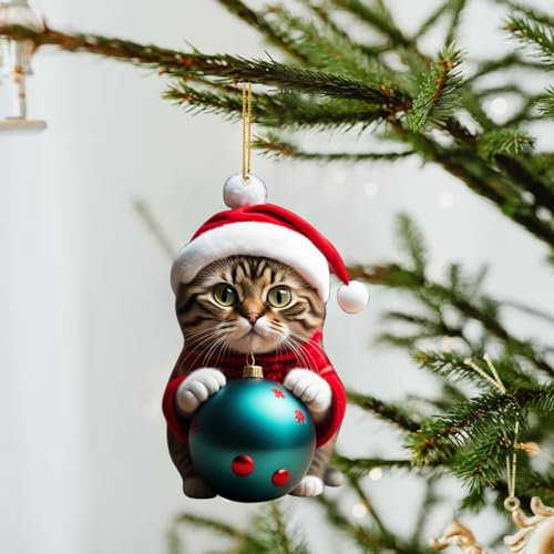 Weihnachtsbaum Katzen Anhänger 2D Acryl Weihnachtskatze Hängende Deko Lustiger Weihnachten Katzen Ornament Spaß Weihnachtsanhänger Deko Christbaumschmuck Weihnachtsschmuck Geschenk (D, OneSize)