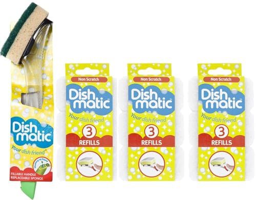 Fillable Washing up Brush Bundle [ Easy Grip Dish Cleaner] - with 9X Non Scratch Sponge Refills -Ideal for Glassware and Delicate Surfaces