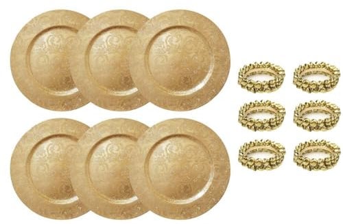 YöL Christmas Dining Set - 6 Gold Charger Plates, 6 Jingle Bell Napkin Rings Xmas Dinner Festive