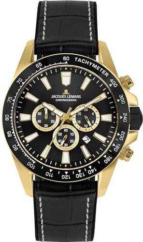 JACQUES LEMANS Analoge Herrenuhr Quarz mit Edelstahlarmband mid-39622, Schwarz