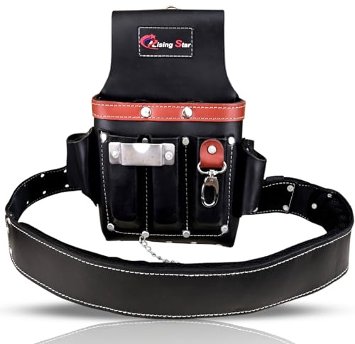 Rising Star 100% Black Electrician Leather Tool Pouch with Belt- Best Tools Holder for Nails, Hammer, PILERS & Tape Measure Holder Best Tool Pouch for Craftsmen,Carpenters,FRAMERS (11 Pockets)