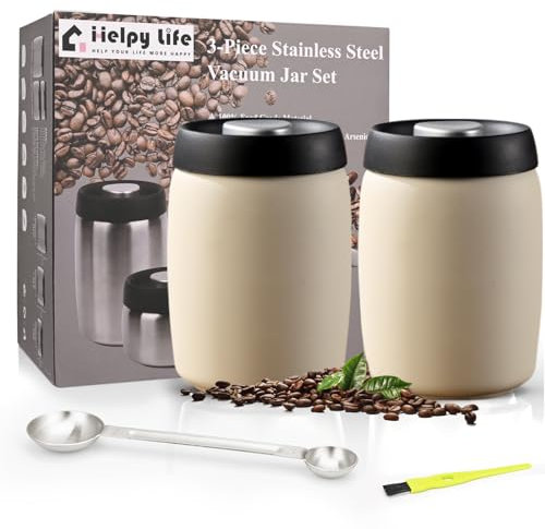 HelpyLife Vacuum Coffee Canister,Stainless Steel Food Storage Container Jar with Airtight Lid Seal,Perfect for Coffee Beans & Grounds,Loose Tea,Sugar,Spices (1200ml*2 Cream White)