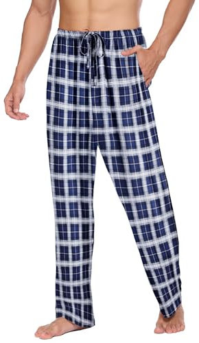 Ekouaer Herren Pyjamahose Lang Leichte Sommerhose Kariert Schlafhose Herren Hose mit Taschen und Knopfleiste Blau Weiß L