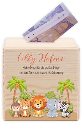 LAUBLUST Kinder Spardose Personalisiert mit Namen - Safari Motiv | Sparschwein aus Holz - Personalisierte Geschenke zur Taufe, Kommunion, Konfirmation, Geburtstag | Taufgeschenke für Mädchen & Jungen