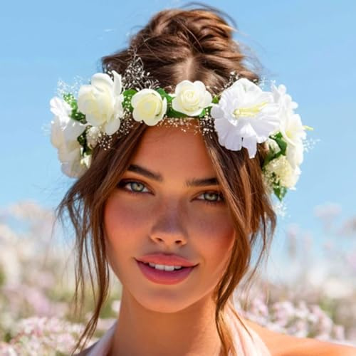 Edary Bandeaux couronne de fleurs, serre-tête de mariée, guirlande de Festival, pour femmes et filles (Blanc, One Size)