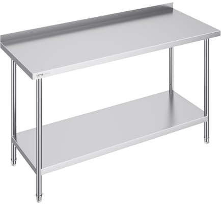 VEVOR Tavolo da Lavoro in Acciaio Inossidabile 610 x 1524 x 914 mm, con 4 Ruote, 3 Livelli di Altezza Regolabili, Tavolo Resistente per Preparazione Alimenti Ristoranti Cucina Commerciale, Argento