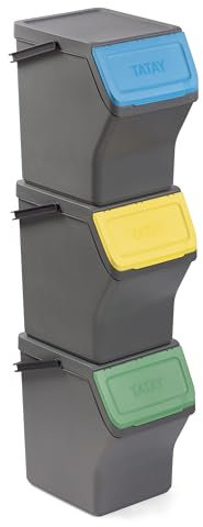 TATAY Cubos de Basura Reciclaje Easy Waste 20L | Set de 3 | Diseño Modular y Apilable | Tapa con Sistema Click | Asa de Transporte Integrada | Hecho de Material Reciclado | 35x27x36 cm - Gris