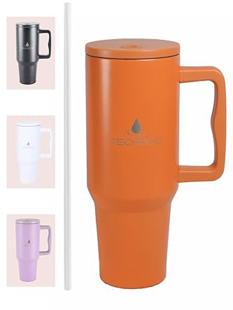 TechDoc 40 oz Insulated Tumbler with Handle & Sip Straw | Stainless Steel Water Bottle | Vacuum Travel Mug | Iced Coffee Cup | Hot & Cold Drinks | Gift for Him & Her | Orange | 1180ml