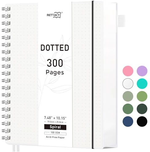 RETTACY B5 Dotted Notebook, Bullet Dot Grid Journal, Wirebound Spiral Notebooks 300Pages /150 Sheets for Writing,100gsm, PVC Hardcover, for Women Men Work Office School,19 x 25 cm - Transparent