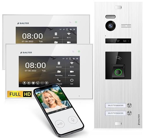 Balter EVO-HD Video Türsprechanlage mit Fingerprint, Video Türklingel, Smartphone App, 2 Familienhaus, 2X 7 Zoll Monitore, Türklingel mit Kamera Full HD, 2 Draht Bus, 175° Weitwinkel, RFID,1080P