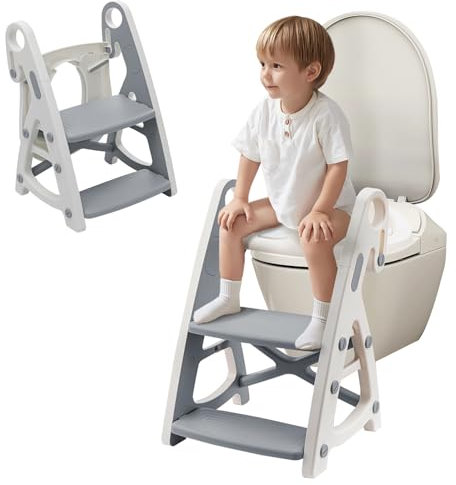 Holdfiturn Potty Training Seat Toilet Seat Kids Adjustable Potty Ladder Seat for Toilet Training with Steps Handle Soft Cushion Design 2 in 1 Potty Training Toilet Seat (Gray)