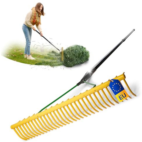 Novatool Rastrello da fieno con 16 denti bifacciali e manico telescopico fino a 152 cm, larghezza di lavoro 64 cm, rastrello in plastica e metallo, rastrello da giardino, raccoglitore da fieno,