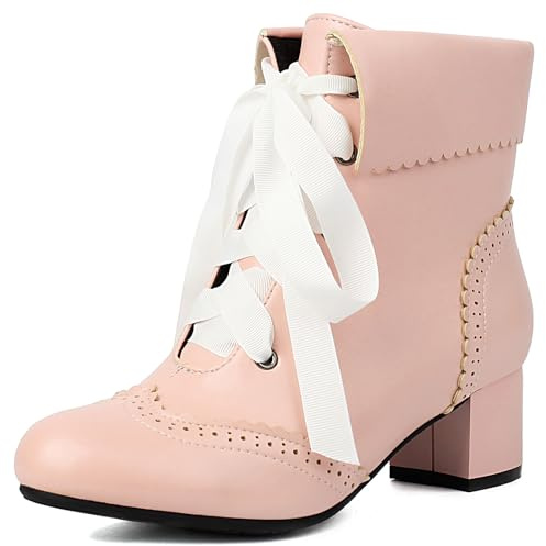 Gicoiz Donna Cordoncino Brogue Tacco a Blocco Stivali con Risvolto Stivali Bowknot Comodo Punta Rotonda Inverno Donna Lovely Chelsea Sposa Stivaletti da Festa Rosa Numero 45 EU-47Cn
