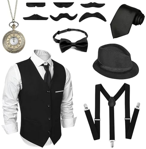 Bocguy Mittelalterliche Mafia Kostüm Herre, Fasching Kostüme Herren Hosenträger Herre Kostüme Set Deko, PeakyBlinder Kostüm mit Westen & Verschiedenen Accessoires für Karneval