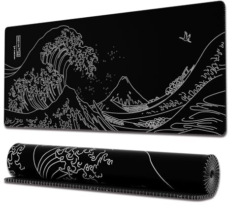 Ovenbird Gaming Mouse Pad with Stitched Edges, Japanese Sea Wave Large Extended XL Anime Mousepad Gaming with Anti-Slip Base, Cool Black and White Mouse Pad for Desk, 31.5 x 11.8 in, Black