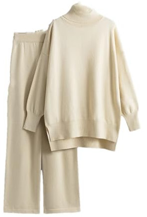 Damen Herbst Winter Rollkragen Strickset Warm Pullover Pullover Weites Bein Hose Pullover Set, aprikose, Einheitsgröße