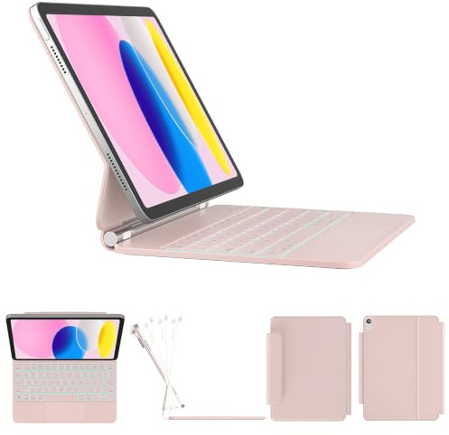 RAYMCRAFT for iPad A16 11th/10th Gen Case Keyboard, Magnetic Floating Stand | Magic-Style Keyboard, Springy 11-Color Backlit Keys, Multi-Touch Trackpad, Stain-Resistant Surface, Rechargeable, Pink
