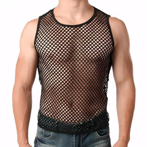 Pluvyze Netzhemd Herren, Netzshirt Herren,Netzhemd Männer,für Männer ärmellos Clubwear(Schwarz，M)
