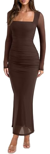REORIA Long Sleeve Wedding Guest Maxi Dresses for Women Sheer Mesh Square Neck Ruched Bodycon Long Dress Fall Outfits