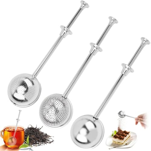 Feluxor Loose Tea Infuser – 3-Piece Set 304 Stainless Steel Long-Handle Tea Filters, Telescopic Handle Tea Balls Suitable for Loose Tea, Coffee, Sugar, Flour, Spices and Cocoa Powder