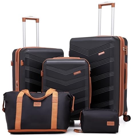 CONCEPTEN Expandable Hardshell Luggage Set 5 Piece, 22x14x9 Airline Approved Carry On, 20/24/28 Suitcase Set with TSA Lock, Spinner Wheels, ABS+PC (Black)