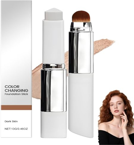 Color Changing Foundation Stick, 2-In-1 Foundation Stick, Hydrating Concealer, Brightening & Even Skin Tone, Waterproof & Sweatproof, Full to Medium Coverage Makeup, Lightweight, Brush (dark)