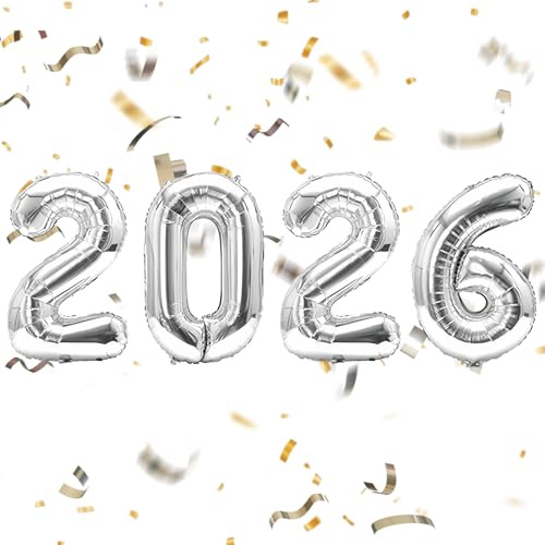 Silvester Deko Luftballon Zahlen 2026, 2026 Ballons Silber, 32 Zoll Happy New Year Folienballon, Luftballons 2026 Neujahr Silvesterdeko, für Neujahr Silvester Party Deco