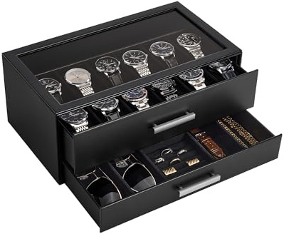 ProCase 12 Slot Uhrenbox, 2 Schichten herausziehbare Schubladen Uhrenkoffer mit klarem Top-Glasdeckel, Uhren Schmuck Sonnenbrille Aufbewahrungsbox für Mann - Schwarz