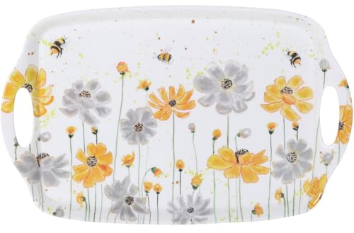 DEENZ Rectangle Melamine Serving Tray With Handles Large Kitchen Storage Accessory Decorative Design Tableware Organisation Ideal Dining Space Countertop Display 48.5 X 32.5 X 3 Cm (FLOWER BEE)