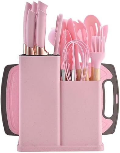 MF artSHOP Set Coltelli da Cucina 19 Pezzi con Portautensili – 5 Coltelli in Acciaio + 13 Utensili da Cucina in Silicone – Set Cucina Completo Antiaderente e Resistente al Calore (Rosa)