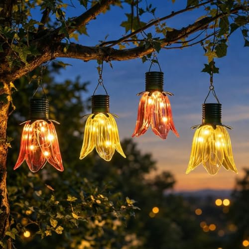 Festive Lights - Set of 4 Solar Tulip Hanging Lanterns – 18.5cm Pink & Yellow Flower Lights, Warm White Firefly LEDs, Outdoor Garden Ornament Tabletop Decoration, IP44 Waterproof