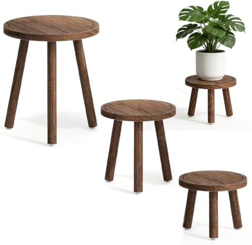 CEWROM Juego de 3 taburetes para flores de madera, 4/7/11 de altura, soporte para plantas de diferentes tamaños, mesas auxiliares decorativas para plantas de interior, salón y balcón, color marrón