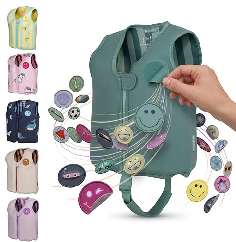 NOARD Kinder Schwimmweste (2-6 J. / 15-30 kg) Schwimmhilfe mit Schrittgurt | Wechsel-Patches für hohen Tragespaß | EN 13138-1:2021 | 8 herausnehmbare Schwimmkörper | weiches Neopren | Schwimmlernhilfe