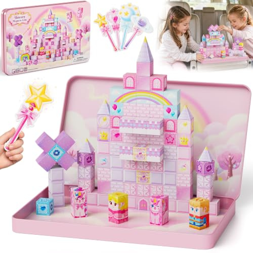 burgkidz Magnetische Bausteine Einhorn Reiseset: 100 Teile für Mädchen | Magnetspielzeug mit Metalldose als Bauplatte – 1 Stunde Ruhe für 1–3 Kinder - Reisegeschenk für Auto/Flug/Zug ab 3 Jahren