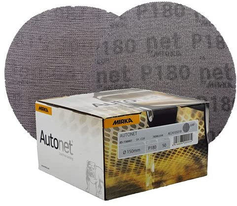 Mirka Autonet 150mm 6 Sanding Mesh Disc P180 Grit 1 Box (50 Discs) Paintwork Dust Extraction For Paint stripping/Removal/Paint Sanding/Lacquers/Plaster/Putty/Plastics/Body filler/Primer/Glass fibre