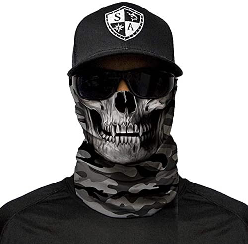 SA Fishing Face Shield Halstuch - viele verschiedene Designs - Multifunktionstuch Schutzmaske Totenkopf Schal Gesichtsmaske Sturmhaube Bandana Ski Motorrad - Grey Military Camo Skull