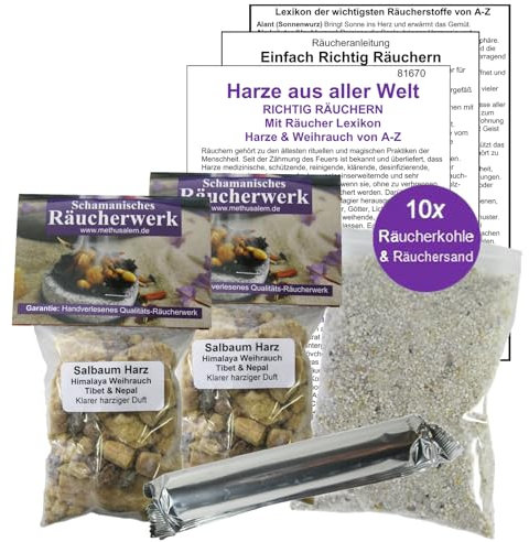 Sal-Harz Salbaum 2 x 50ml [Schamanen-Weihrauch] 6-TLG Räucher-Set Tibet, Nepal [Himalaya ] zum räuchern & Ausräuchern. Reines Räucherwerk mit Räucherkohle, Räuchersand, Räucheranleitung 81670-50