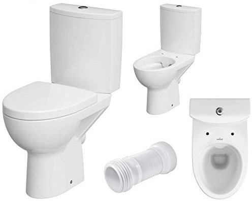 VBChome WC Toilette Stand Spülrandlos Keramik Komplett Set mit Spülkasten WC Sitz aus Duroplast mit Absenkautomatik SoftClose Funktion für waagerechten Abgang Abflussrohr