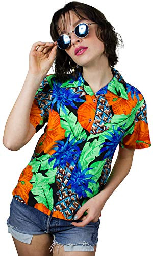 King Kameha Funky Hawaii-Bluse-Hemd, Damen, Kurzarm, Pineapple-Hibiscus, Schwarz-Grün, M