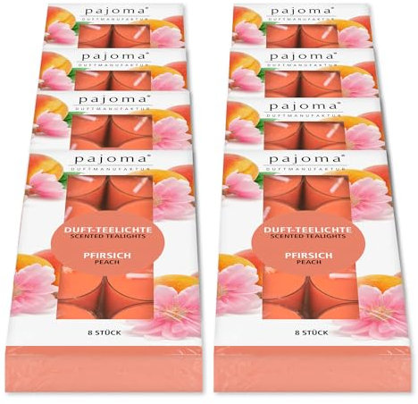 pajoma® Teelichte 8er Pack, Pfirsich | 64 Duft-Teelichte in Polycarbonathülle, Brenndauer ca. 4 Stunden - Höhe 1,5 cm ø 3,5 cm | Premium Qualität | Deko, Gastronomie, Outdoor, Windgläser, Hochzeit