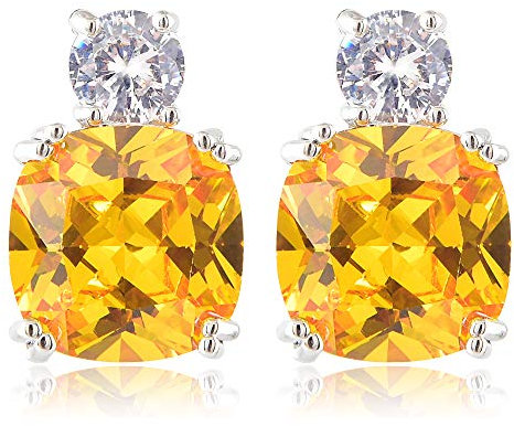 [RIZILIA KLASSISCH] Gestochen Ohrstecker Ohrringe mit Kissenschliff Edelstein Zirkonia CZ [Gelb Citrin] in 18K Weiß Gold Vergoldet, Einfache Moderne Eleganz
